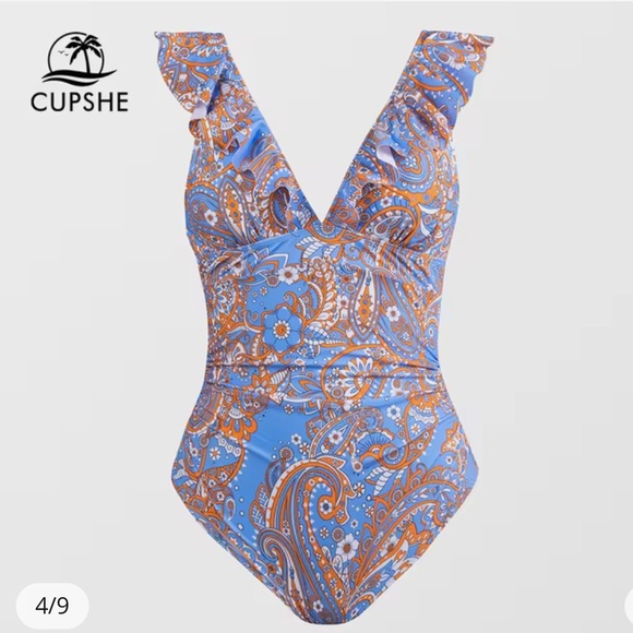 Plunging V-Neck Paisley Printed Ruffle One Piece Swimsuit - Picture 5 of 6